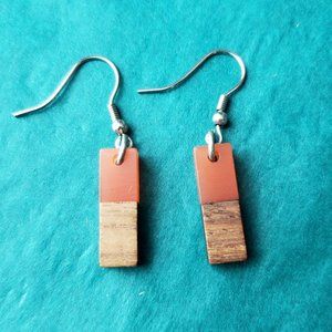 3/10$small rectangle orange  wood and resin earrings
